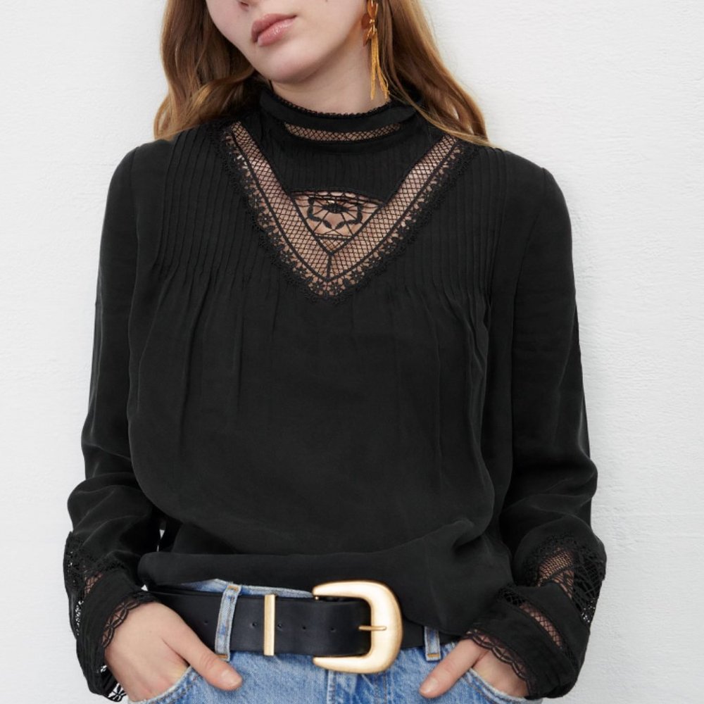 ZARA BLACK SILK EFFECT PRAIRIE LACE BIB ROMANTIC LONG SLEEVE BLOUSE $59.90